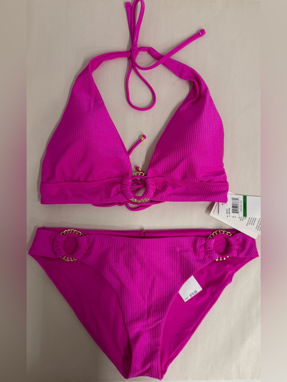 Becca Women's Shiny Ribbed Ring-Hardware Halter Top & Hipster Bikini Bottom. R9A